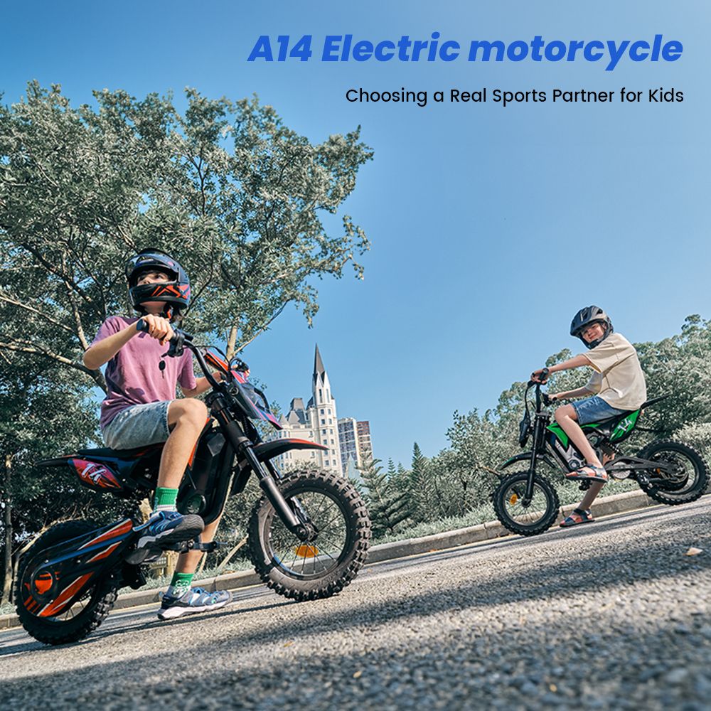 A14 Detský elektrický motocykel, 500W motor, 36V 5,2Ah batéria, 14-palcové pneumatiky, max. rýchlosť 27 km/h, dojazd 22 km, zadná kotúčová brzda, dvojité tlmenie nárazov, LCD displej - zelený