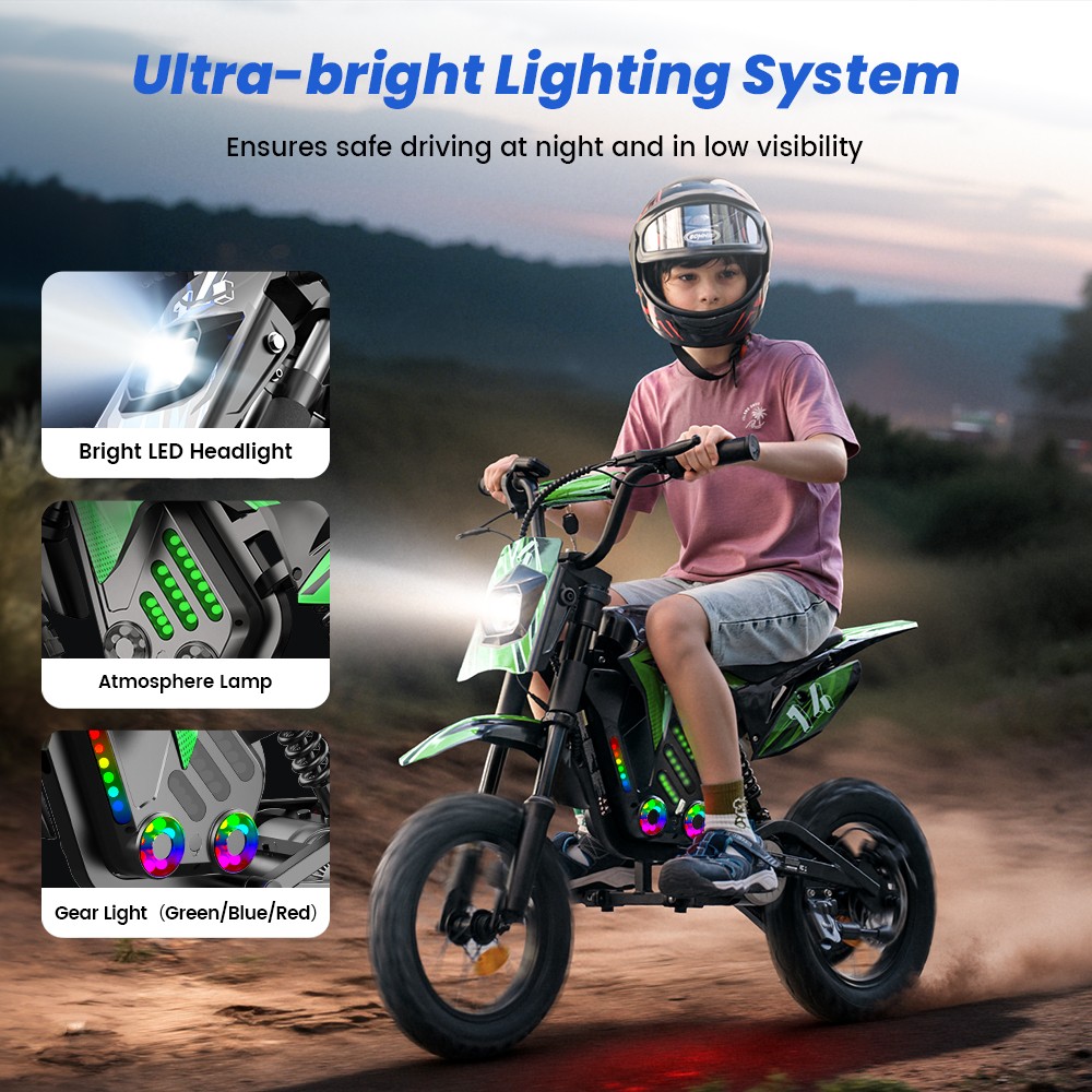 A14 Detský elektrický motocykel, 500W motor, 36V 5.2Ah batéria, 14-palcové pneumatiky, max. rýchlosť 27 km/h, dojazd 22 km, zadná kotúčová brzda, dvojité tlmenie nárazov, LCD displej - zelený