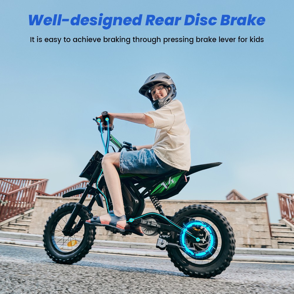 A14 Detský elektrický motocykel, 500W motor, 36V 5.2Ah batéria, 14-palcové pneumatiky, max. rýchlosť 27 km/h, dojazd 22 km, zadná kotúčová brzda, dvojité tlmenie nárazov, LCD displej - zelený