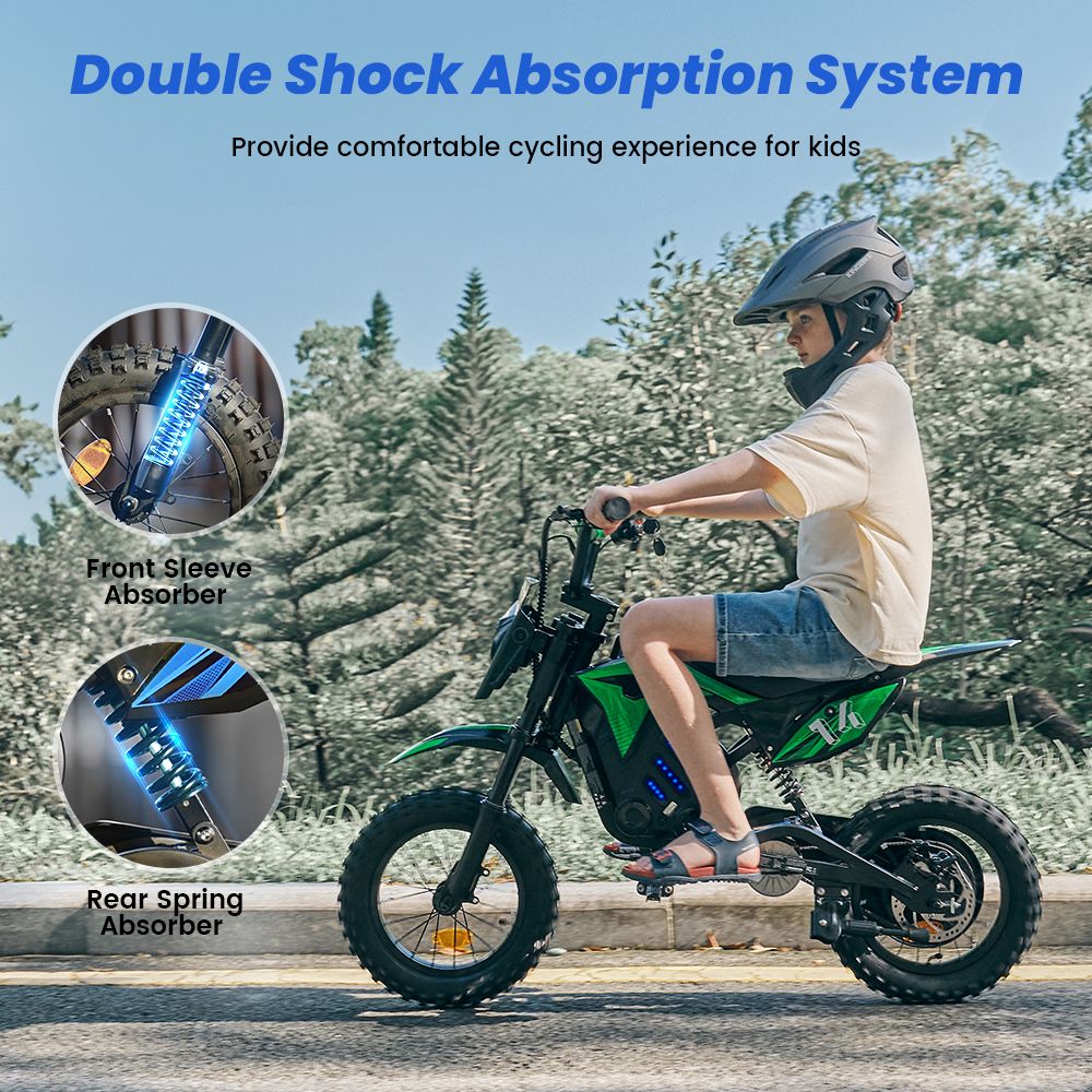A14 Detský elektrický motocykel, 500W motor, 36V 5.2Ah batéria, 14-palcové pneumatiky, max. rýchlosť 27 km/h, dojazd 22 km, zadná kotúčová brzda, dvojité tlmenie nárazov, LCD displej - zelený