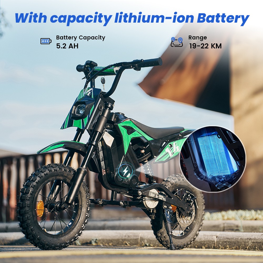 A14 Detský elektrický motocykel, 500W motor, 36V 5.2Ah batéria, 14-palcové pneumatiky, max. rýchlosť 27 km/h, dojazd 22 km, zadná kotúčová brzda, dvojité tlmenie nárazov, LCD displej - zelený