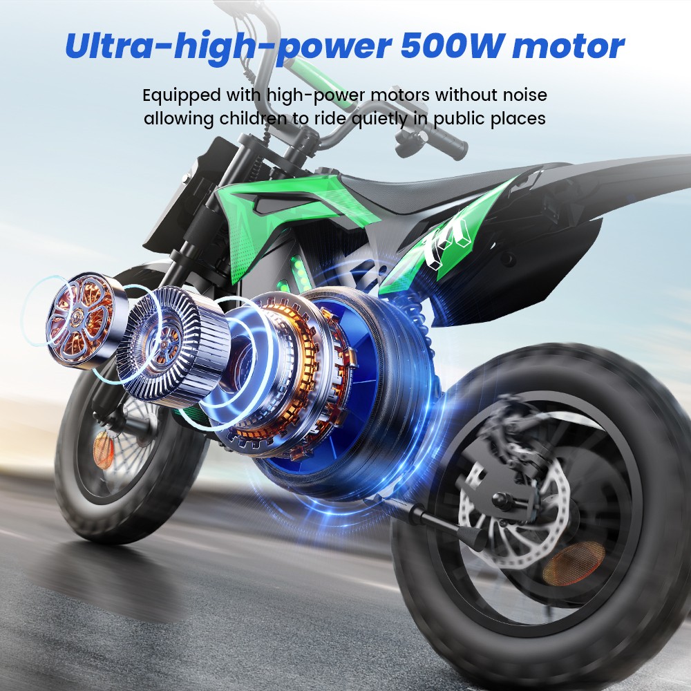 A14 Detská elektrická motorka, 500W motor, 36V 5.2Ah batéria, 14-palcové pneumatiky, max. rýchlosť 27 km/h, dojazd 22 km, zadná kotúčová brzda, dvojité tlmenie nárazov, LCD displej - zelený