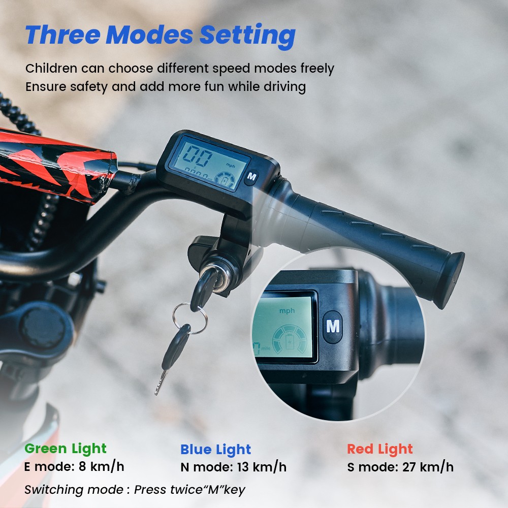 A14 Detský elektrický motocykel, 500W motor, 36V 5.2Ah batéria, 14-palcové pneumatiky, max. rýchlosť 27 km/h, dojazd 22 km, zadná kotúčová brzda, dvojité tlmenie nárazov, LCD displej - červený