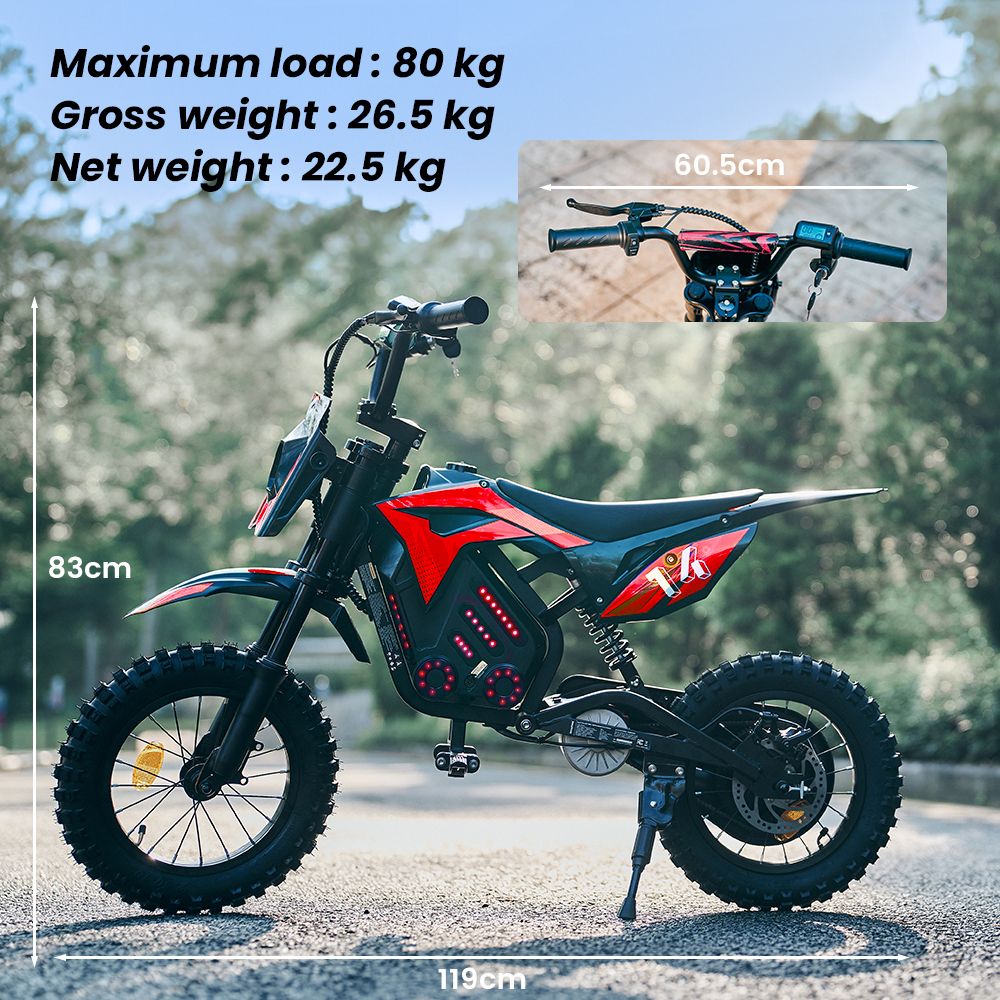 A14 Detská elektrická motorka, 500W motor, 36V 5.2Ah batéria, 14-palcové pneumatiky, max. rýchlosť 27 km/h, dojazd 22 km, zadná kotúčová brzda, dvojité tlmenie nárazov, LCD displej - červený