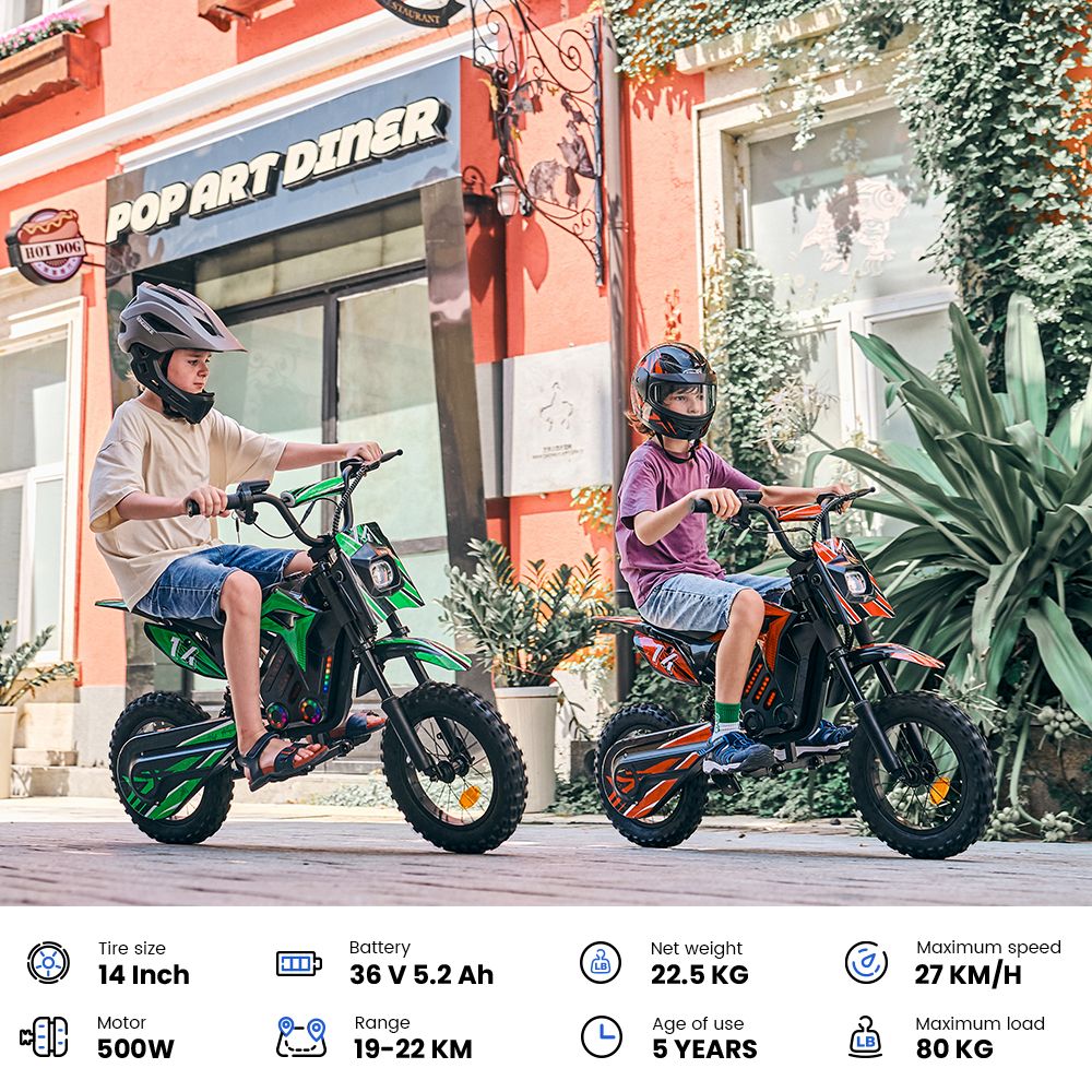 A14 Detský elektrický motocykel, 500W motor, 36V 5.2Ah batéria, 14-palcové pneumatiky, max. rýchlosť 27 km/h, dojazd 22 km, zadná kotúčová brzda, dvojité tlmenie nárazov, LCD displej - červený