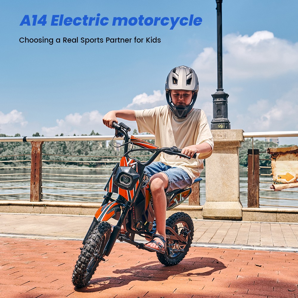 A14 Detský elektrický motocykel, 500W motor, 36V 5.2Ah batéria, 14-palcové pneumatiky, max. rýchlosť 27 km/h, dojazd 22 km, zadná kotúčová brzda, dvojité tlmenie nárazov, LCD displej - červený