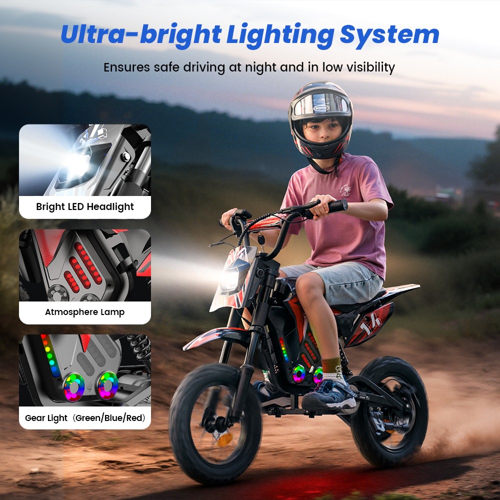 A14 Detský elektrický motocykel, 500W motor, 36V 5.2Ah batéria, 14-palcové pneumatiky, max. rýchlosť 27 km/h, dojazd 22 km, zadná kotúčová brzda, dvojité tlmenie nárazov, LCD displej - červený