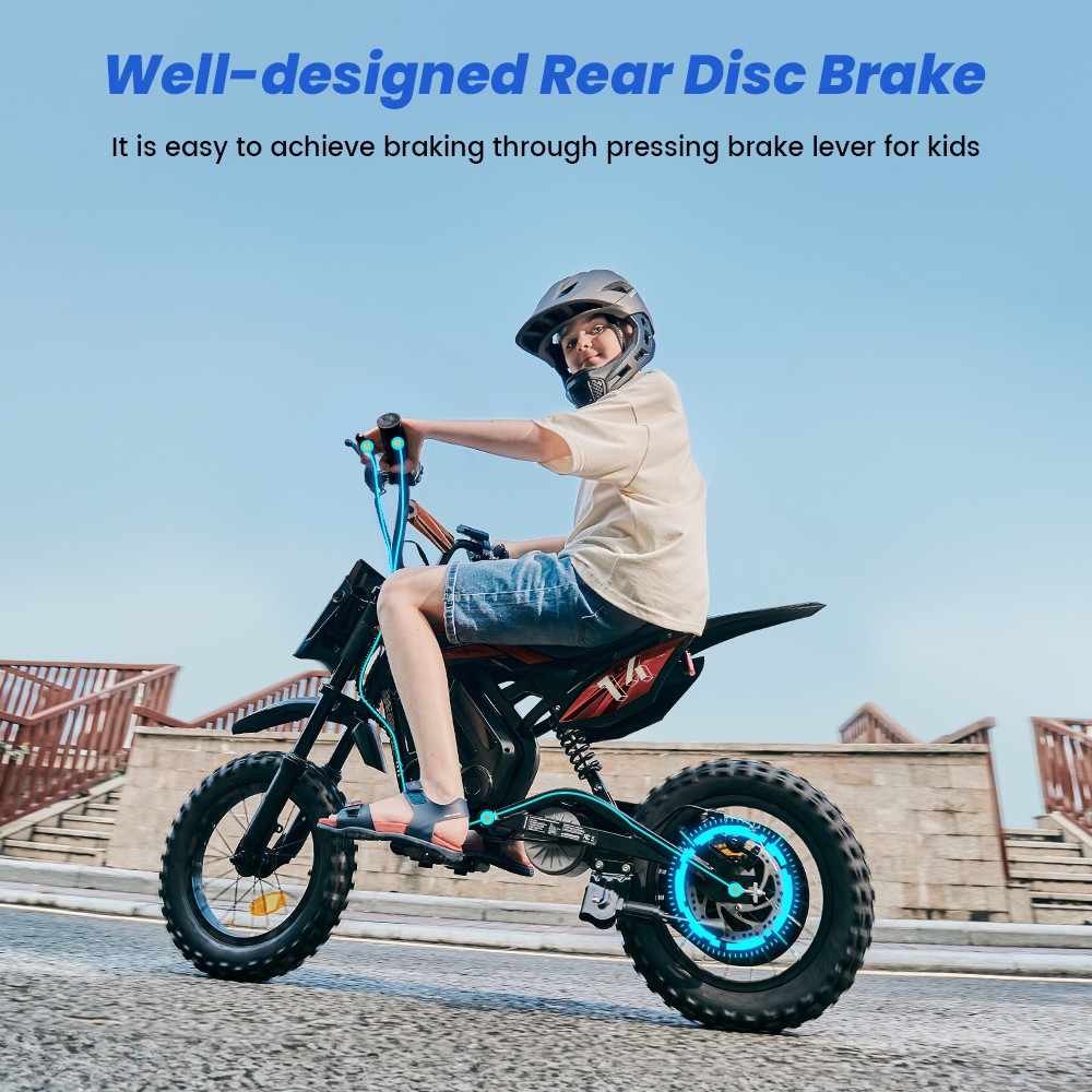 A14 Detský elektrický motocykel, 500W motor, 36V 5.2Ah batéria, 14-palcové pneumatiky, max. rýchlosť 27 km/h, dojazd 22 km, zadná kotúčová brzda, dvojité tlmenie nárazov, LCD displej - červený