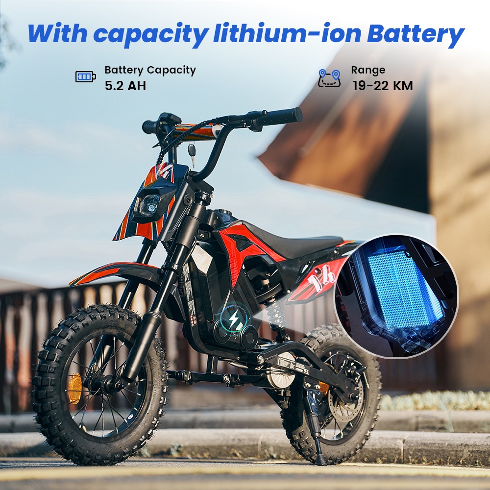 A14 Detský elektrický motocykel, 500W motor, 36V 5.2Ah batéria, 14-palcové pneumatiky, max. rýchlosť 27 km/h, dojazd 22 km, zadná kotúčová brzda, dvojité tlmenie nárazov, LCD displej - červený