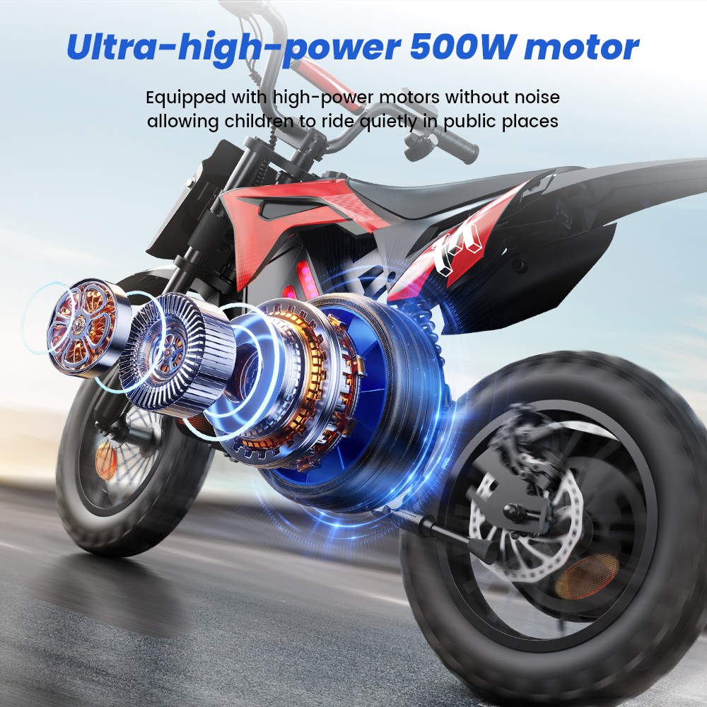 A14 Detská elektrická motorka, 500W motor, 36V 5.2Ah batéria, 14-palcové pneumatiky, max. rýchlosť 27 km/h, dojazd 22 km, zadná kotúčová brzda, dvojité tlmenie nárazov, LCD displej - červený