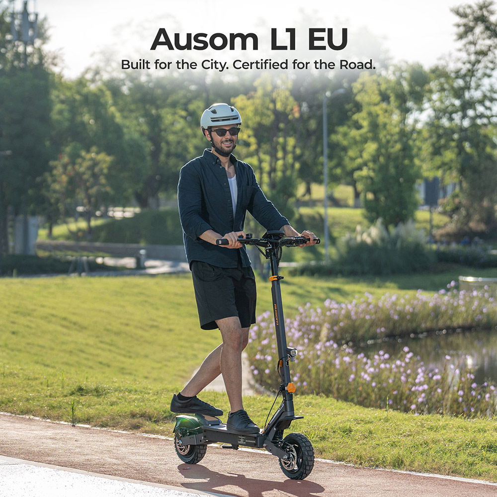 Ausom L1 Electric Scooter, 500W Motor, 48V 15.6Ah batéria, 10-palcové pneumatiky, max. rýchlosť 20 km/h, dojazd 70 km, kotúčové brzdy, odpruženie kyvného ramena, odomykanie pomocou NFC & prístupového kódu