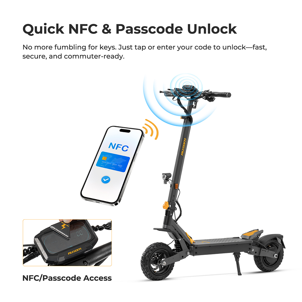 Ausom L1 Electric Scooter, 500W Motor, 48V 15.6Ah batéria, 10-palcové pneumatiky, max. rýchlosť 20 km/h, dojazd 70 km, kotúčové brzdy, odpruženie kyvného ramena, odomykanie pomocou NFC & prístupového kódu
