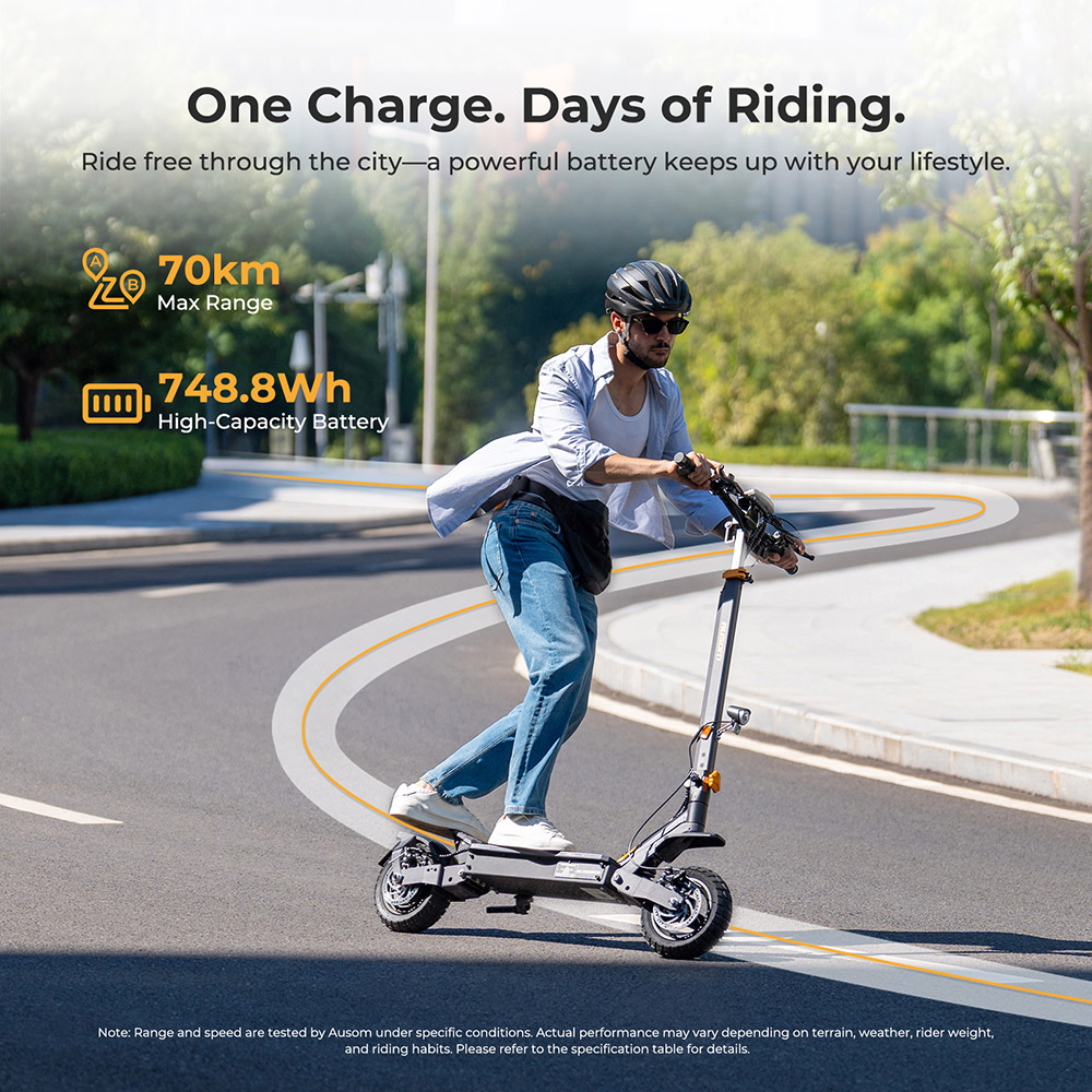 Ausom L1 Electric Scooter, 500W Motor, 48V 15.6Ah batéria, 10 palcové pneumatiky, max. rýchlosť 20 km/h, dojazd 70 km, kotúčové brzdy, odpruženie kyvného ramena, odomykanie pomocou NFC & prístupového kódu