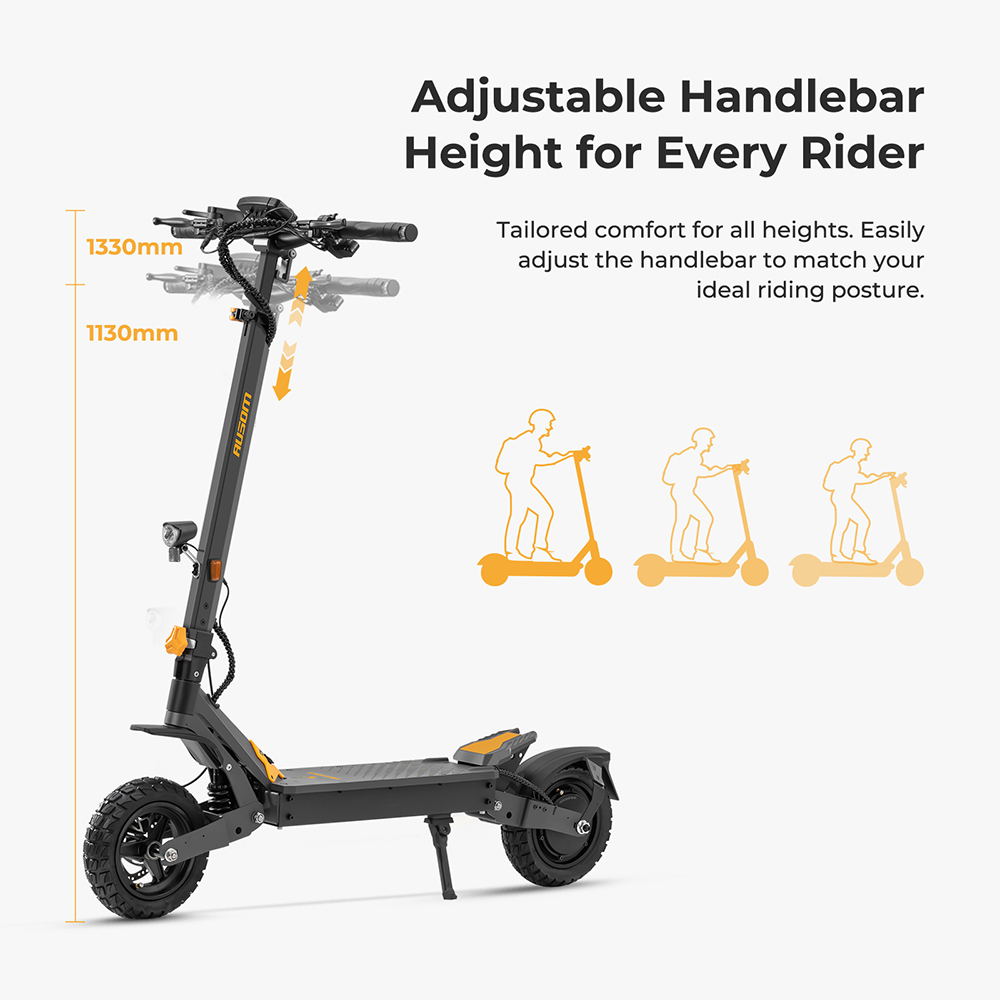 Ausom L1 Electric Scooter, 500W Motor, 48V 15.6Ah batéria, 10-palcové pneumatiky, max. rýchlosť 20 km/h, dojazd 70 km, kotúčové brzdy, odpruženie kyvného ramena, odomykanie pomocou NFC & prístupového kódu