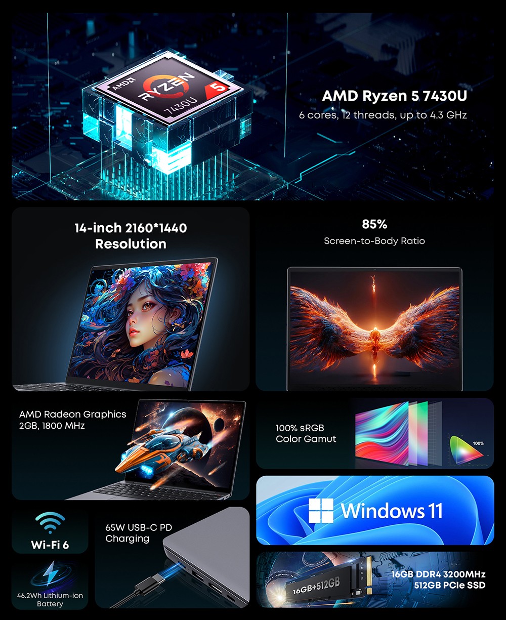 Refurbished CHUWI CoreBook X Laptop, 14 inch 2160*1440 Display, AMD Ryzen 5 7430U, 16GB RAM 512 SSD, WiFi 6 Bluetooth 5.2, 4000mAh Battery, Backlight Keyboard, 1*Full-featured Type-C, 2*USB3.0, 1*HDMI 1.4, 1*TF Card Slot, 1*Headphone Jack