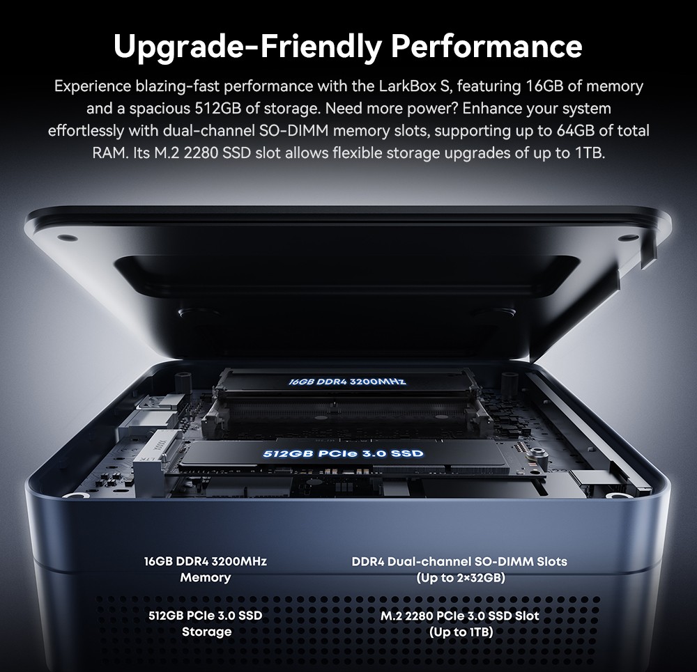 CHUWI LarkBox S Mini PC, Intel Core I3-1220P 10 jadier max. 4,4 GHz, 16 GB RAM 512 GB SSD, plnohodnotný Type-C + 2*HDMI 4K trojitý displej, WiFi 5 Bluetooth 5.1, 1*USB3.2 Type-C, 2*USB3.2 Type-A, 2*USB2.0, 1*Audio Jack, 1*RJ45