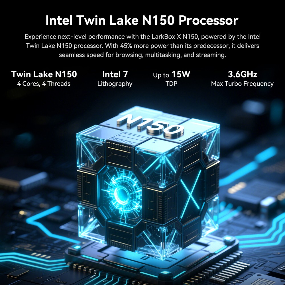 CHUWI LarkBox X Mini PC, Intel N150 4 jadrá max. 3,6 GHz, 16 GB RAM 512 GB SSD, Type-C + HDMI + DP 4K Triple Display, WiFi 6 Bluetooth 5.2, 2*USB3.2 Gen 2 Type-A, 2*USB3.2 Gen 1 Type-A, 1*2.5G RJ45, 1*1G RJ45, 1*Audio Jack