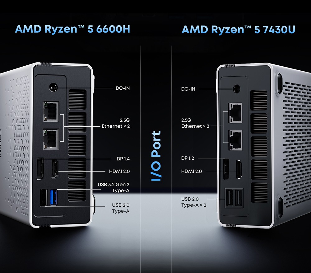 CHUWI UBox Mini PC, AMD Ryzen 5 7430U 6 c&oelig;urs max 4.3GHz, 16GB RAM 512GB SSD, USB-C + HDMI + DP 4K triple &eacute;cran complet, WiFi 6 Bluetooth 5.2, 2*USB3.2, 2*USB2.0, 2*2.5G LAN, 1*prise audio