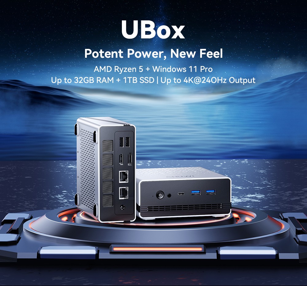 CHUWI UBox Mini PC, AMD Ryzen 5 7430U 6 jadier max. 4,3 GHz, 16 GB RAM 512 GB SSD, plnohodnotný trojitý displej USB-C + HDMI + DP 4K, WiFi 6 Bluetooth 5.2, 2*USB3.2, 2*USB2.0, 2*2.5G LAN, 1*Audio Jack