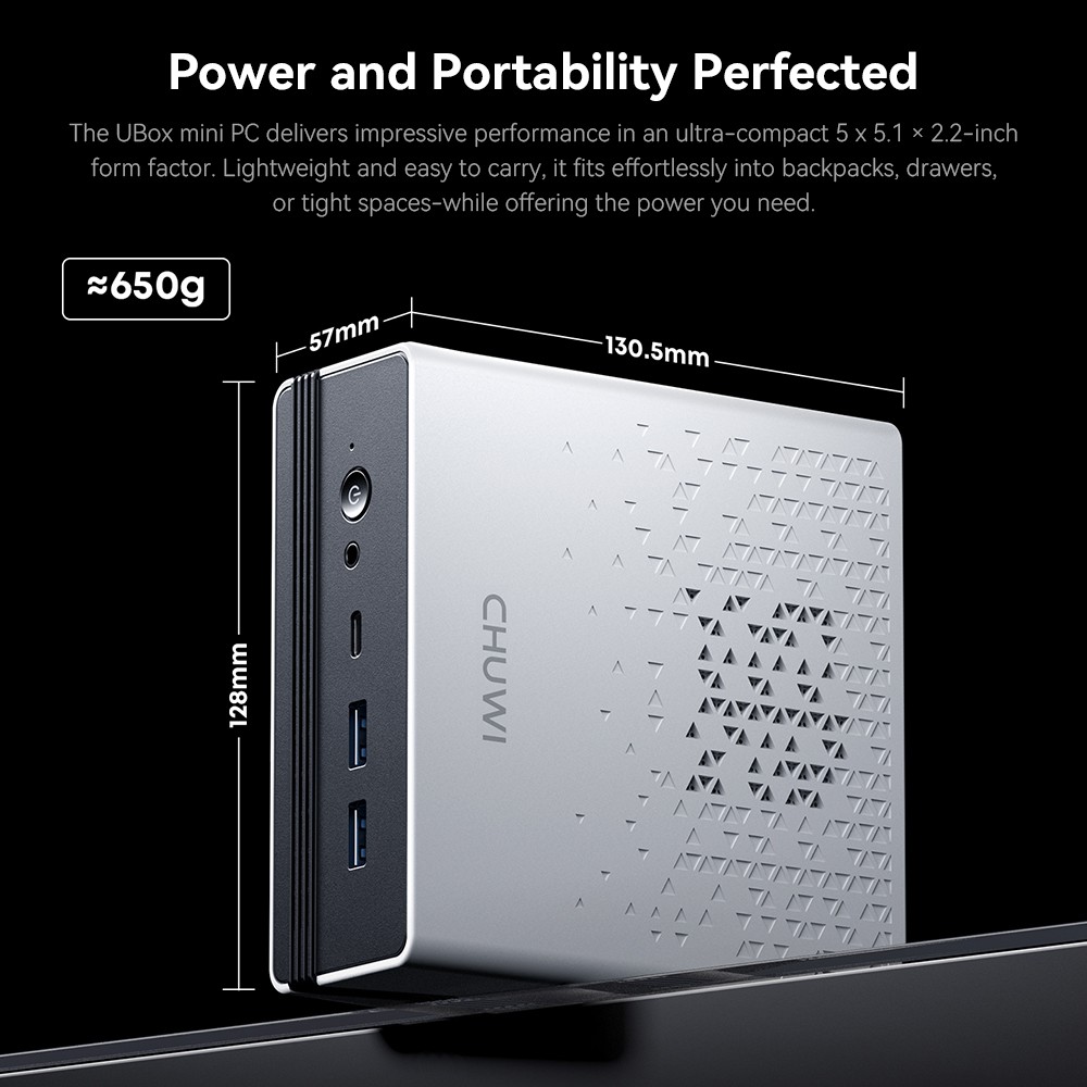 CHUWI UBox Mini PC, AMD Ryzen 5 7430U 6 jadier max. 4,3 GHz, 16 GB RAM 512 GB SSD, plnohodnotný trojitý displej USB-C + HDMI + DP 4K, WiFi 6 Bluetooth 5.2, 2*USB3.2, 2*USB2.0, 2*2.5G LAN, 1*Audio Jack