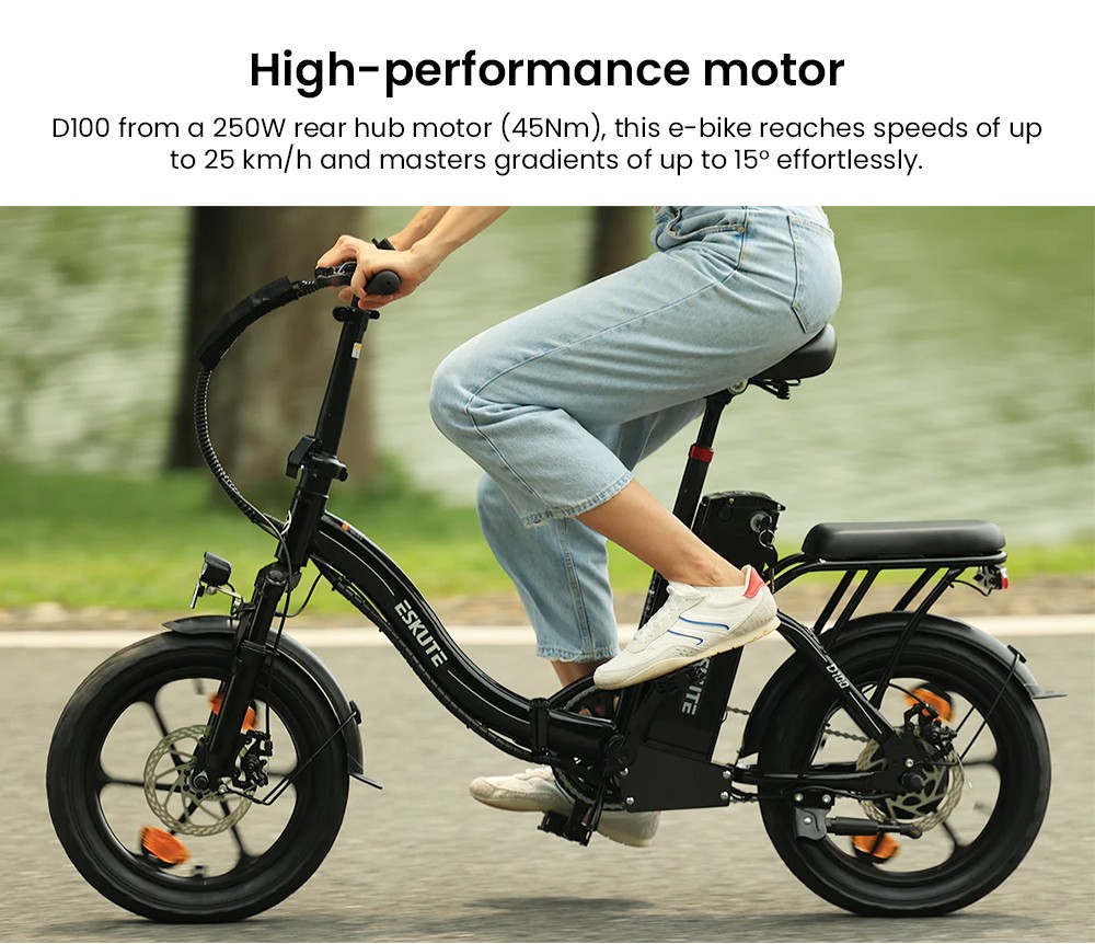 ESKUTE D100 skladací elektrický bicykel, 250W motor, 36V 13Ah batéria, max. rýchlosť 25 km/h, dojazd 100 km, 16-palcové pneumatiky, mechanické kotúčové brzdy, LCD displej - čierny