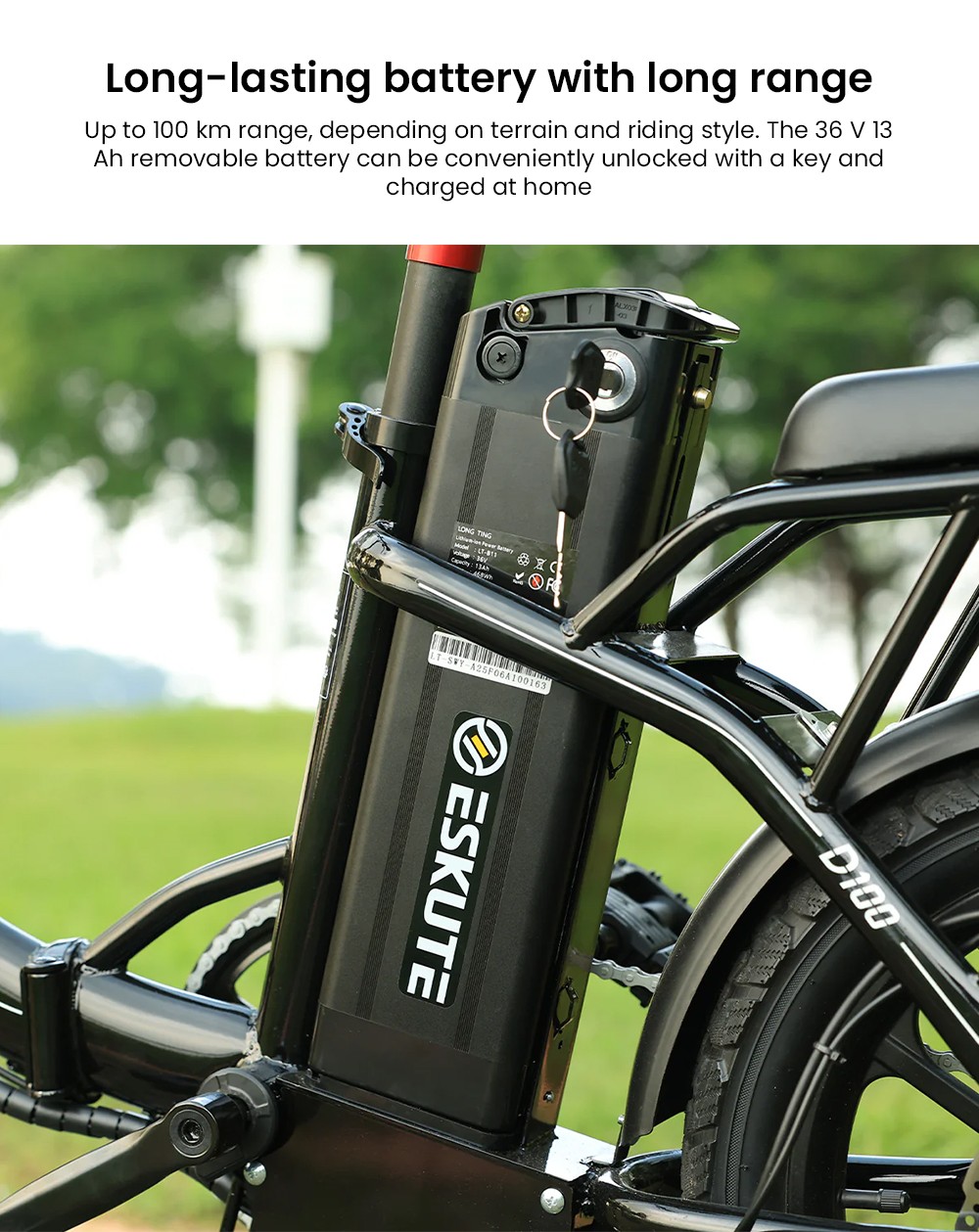 ESKUTE D100 skladací elektrický bicykel, 250W motor, 36V 13Ah batéria, max. rýchlosť 25km/h, dojazd 100km, 16 palcové pneumatiky, mechanické kotúčové brzdy, LCD displej - čierny