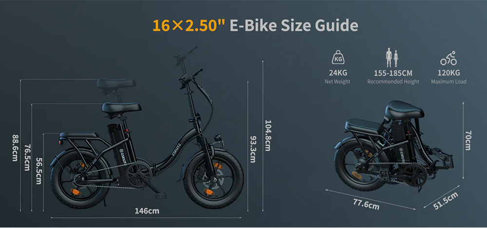 ESKUTE D100 skladací elektrický bicykel, 250W motor, 36V 13Ah batéria, max. rýchlosť 25km/h, dojazd 100km, 16 palcové pneumatiky, mechanické kotúčové brzdy, LCD displej - Off-white