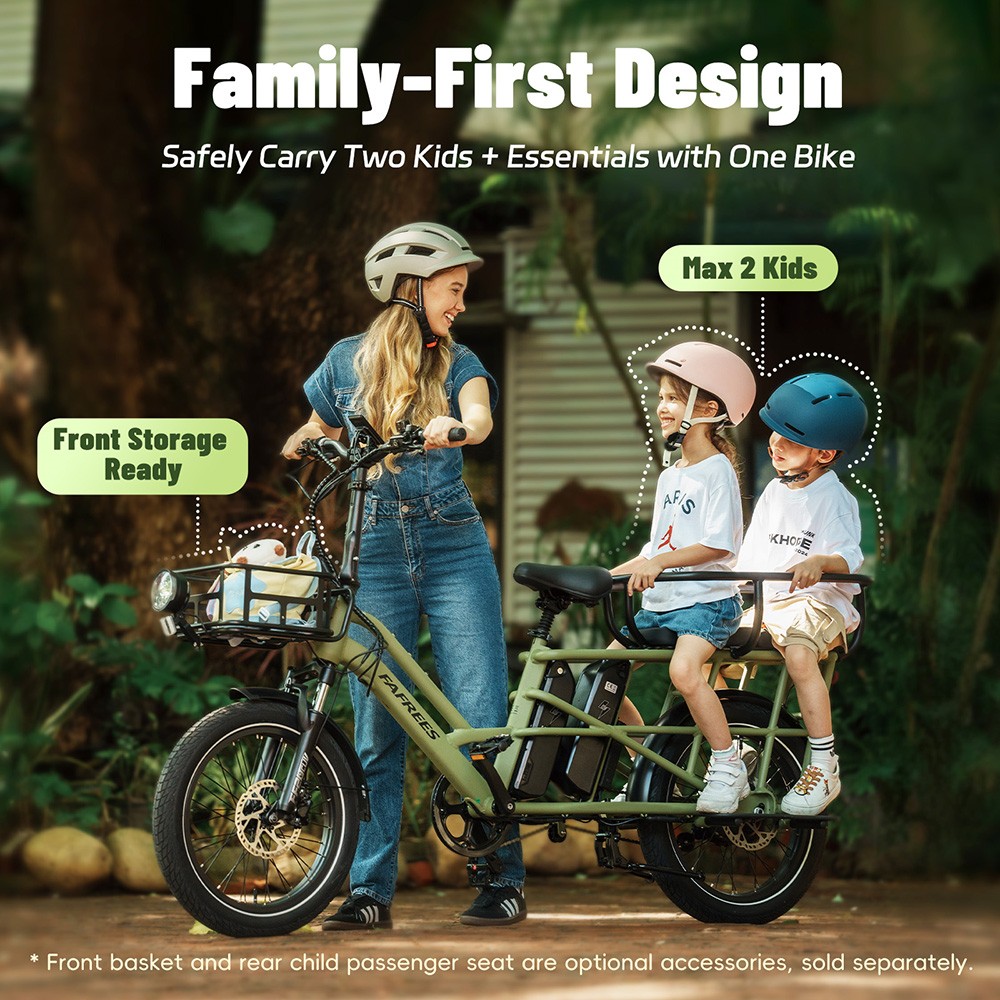 V&eacute;lo cargo &eacute;lectrique Fafrees FF20 CUV, moteur 250 W, batteries 2 x 48 V 12 Ah, pneus 20 x 3 pouces, vitesse maximale 25 km/h, autonomie 140 km, freins &agrave; disque hydrauliques avant et arri&egrave;re, double suspension, &eacute;cran LCD, charge maximale 200 kg - Noir