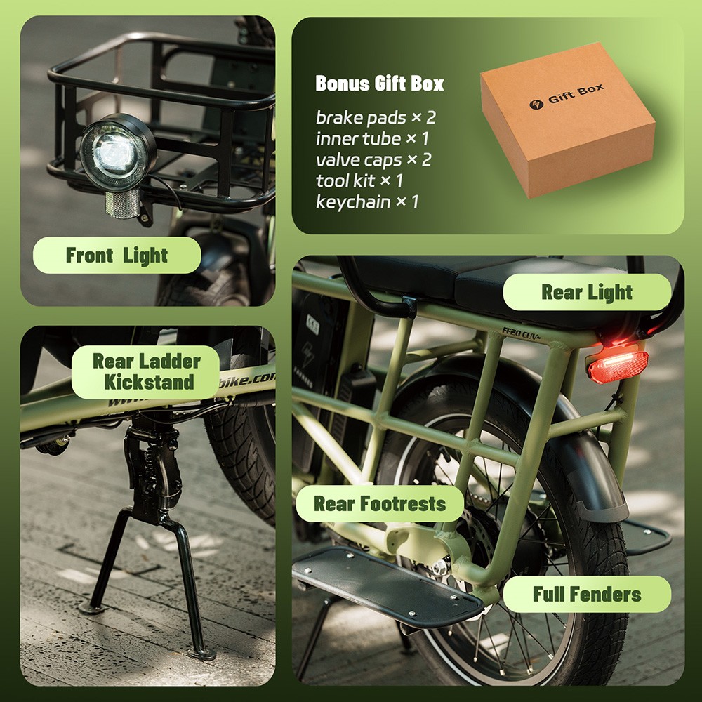 V&eacute;lo cargo &eacute;lectrique Fafrees FF20 CUV, moteur 250 W, batteries 2 x 48 V 12 Ah, pneus 20 x 3 pouces, vitesse maximale 25 km/h, autonomie 140 km, freins &agrave; disque hydrauliques avant et arri&egrave;re, double suspension, &eacute;cran LCD, charge maximale 200 kg - Noir