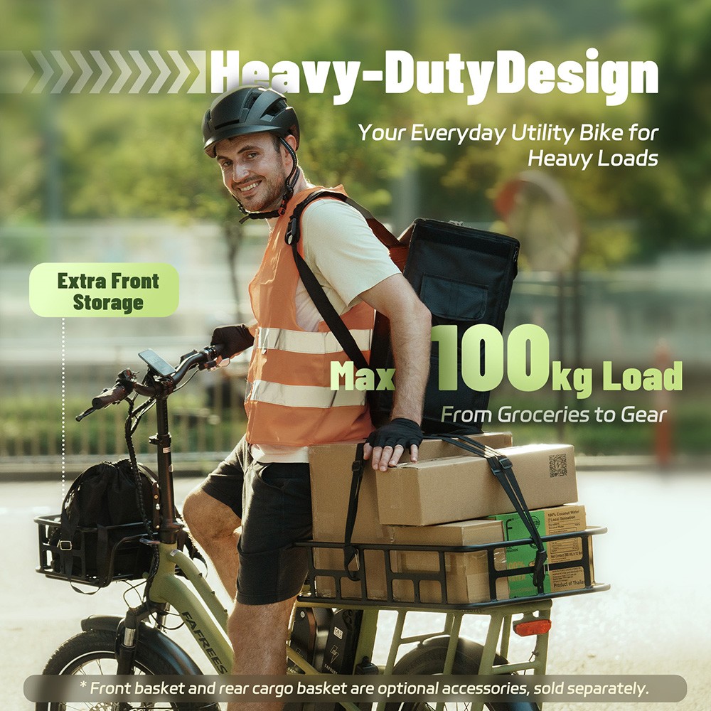 V&eacute;lo cargo &eacute;lectrique Fafrees FF20 CUV, moteur 250 W, batteries 2 x 48 V 12 Ah, pneus 20 x 3 pouces, vitesse maximale 25 km/h, autonomie 140 km, freins &agrave; disque hydrauliques avant et arri&egrave;re, double suspension, &eacute;cran LCD, charge maximale 200 kg - Noir