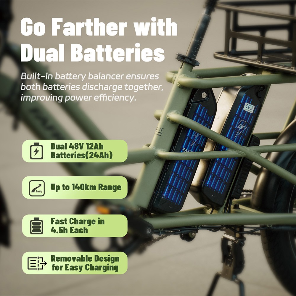 V&eacute;lo cargo &eacute;lectrique Fafrees FF20 CUV, moteur 250 W, batteries 2 x 48 V 12 Ah, pneus 20 x 3 pouces, vitesse maximale 25 km/h, autonomie 140 km, freins &agrave; disque hydrauliques avant et arri&egrave;re, double suspension, &eacute;cran LCD, charge maximale 200 kg - Noir