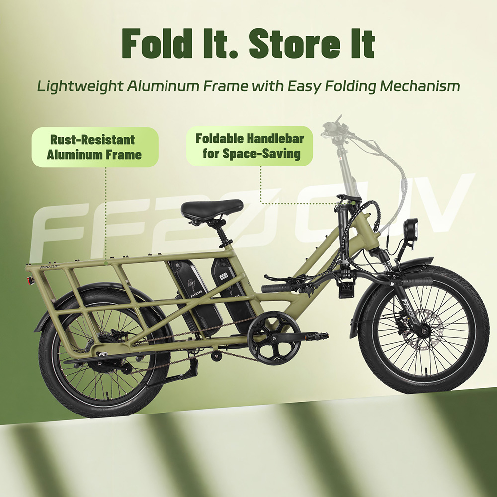 Fafrees FF20 CUV Elektro-Lastenfahrrad, 250-W-Motor, 2 x 48-V-12-Ah-Akku, 20 x 3-Zoll-Reifen, 25 km/h H&ouml;chstgeschwindigkeit, 140 km Reichweite, hydraulische Scheibenbremse vorne und hinten, Doppelfederung, LCD-Display, maximale Gesamtlast 200 kg &ndash; Gr&uuml;n