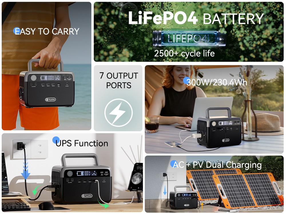 Flashfish BP030B 300 W-os hordozhat&oacute; t&ouml;ltő&aacute;llom&aacute;s, 230,4 Wh-s LiFePO4 akkumul&aacute;tor, 600 W-os t&uacute;lfesz&uuml;lts&eacute;g, h&aacute;l&oacute;zati aljzatok, &aacute;teresztő t&ouml;lt&eacute;s, napelemes gener&aacute;tor kempingez&eacute;shez/otthoni biztons&aacute;gi ment&eacute;shez/v&eacute;szhelyzetekhez/h&aacute;l&oacute;zaton k&iacute;v&uuml;li/&aacute;ramkimarad&aacute;sok eset&eacute;re