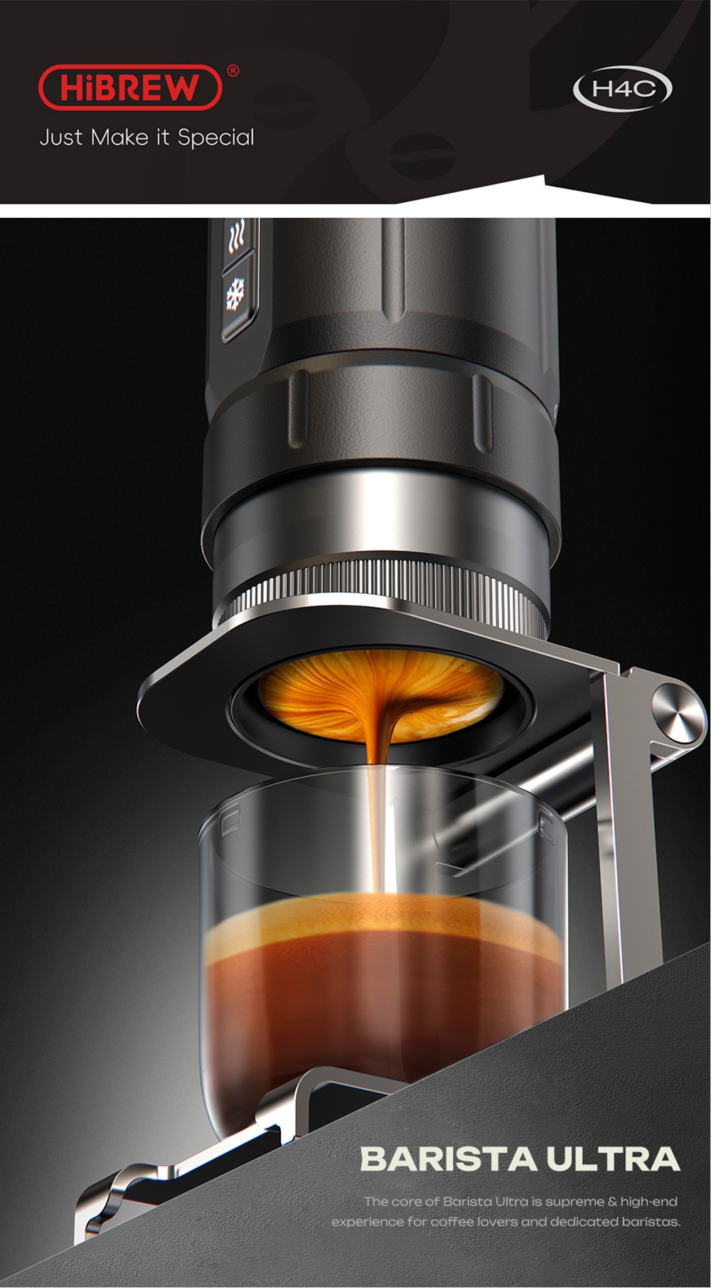 HiBREW H4C Ultra Portable Espresso Maker, bezdrôtový ohrev, 20 barov, 100ml nádržka na vodu, odnímateľná batéria - čierna