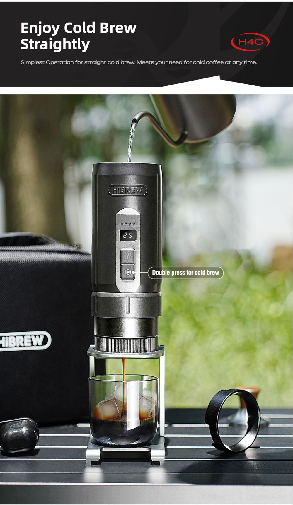 HiBREW H4C Ultra Portable Espresso Maker, bezdrôtový ohrev, 20 barov, 100 ml nádržka na vodu, odnímateľná batéria - čierny