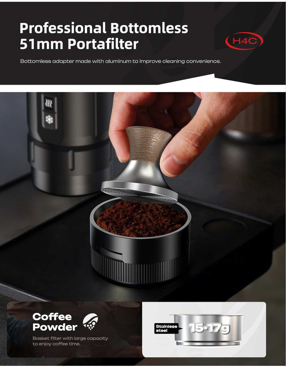 HiBREW H4C Ultra Portable Espresso Maker, bezdrôtový ohrev, 20 barov, 100 ml nádržka na vodu, odnímateľná batéria - čierny