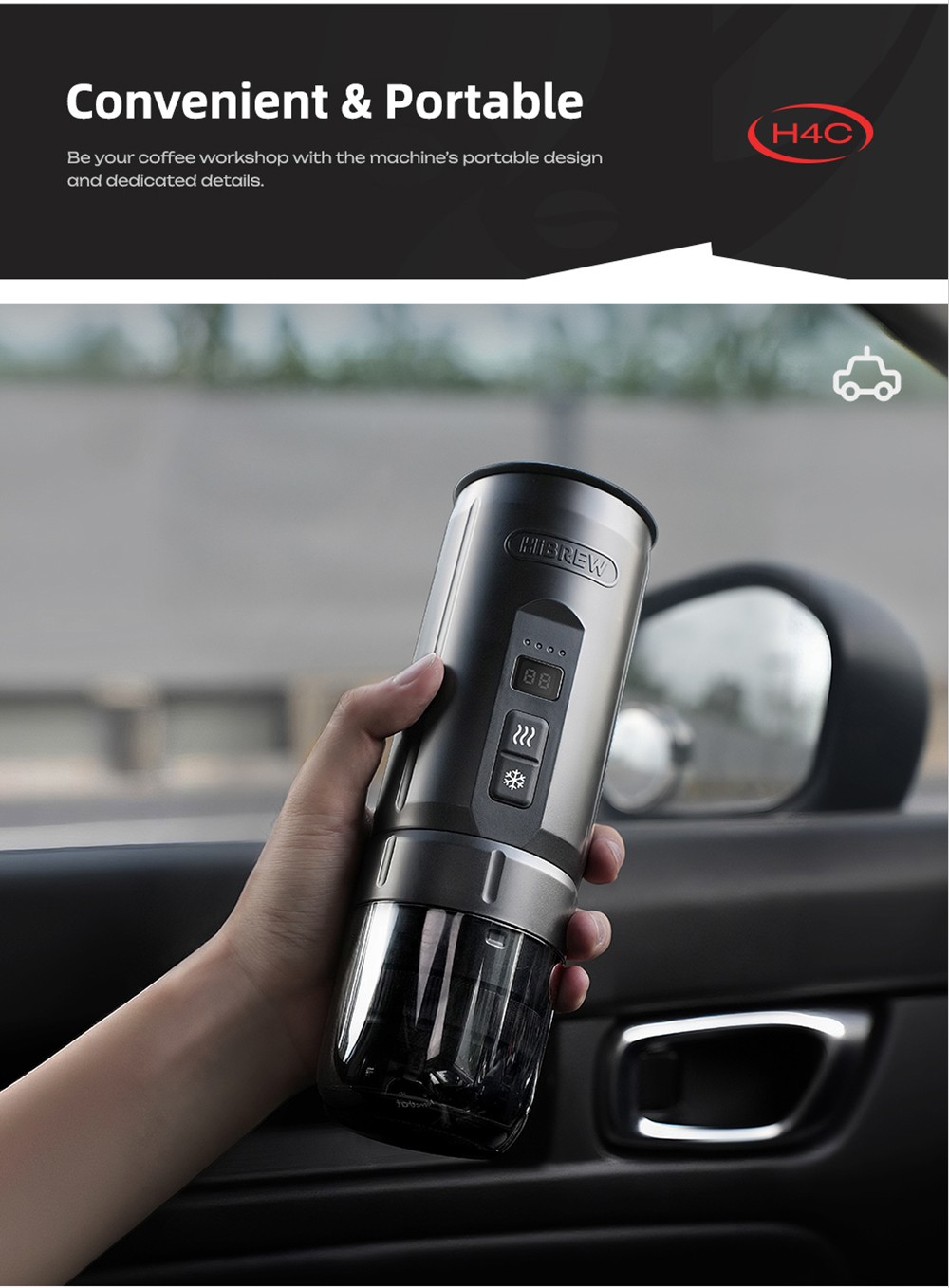 HiBREW H4C Ultra Portable Espresso Maker, bezdrôtový ohrev, 20 barov, 100 ml nádržka na vodu, odnímateľná batéria - čierny