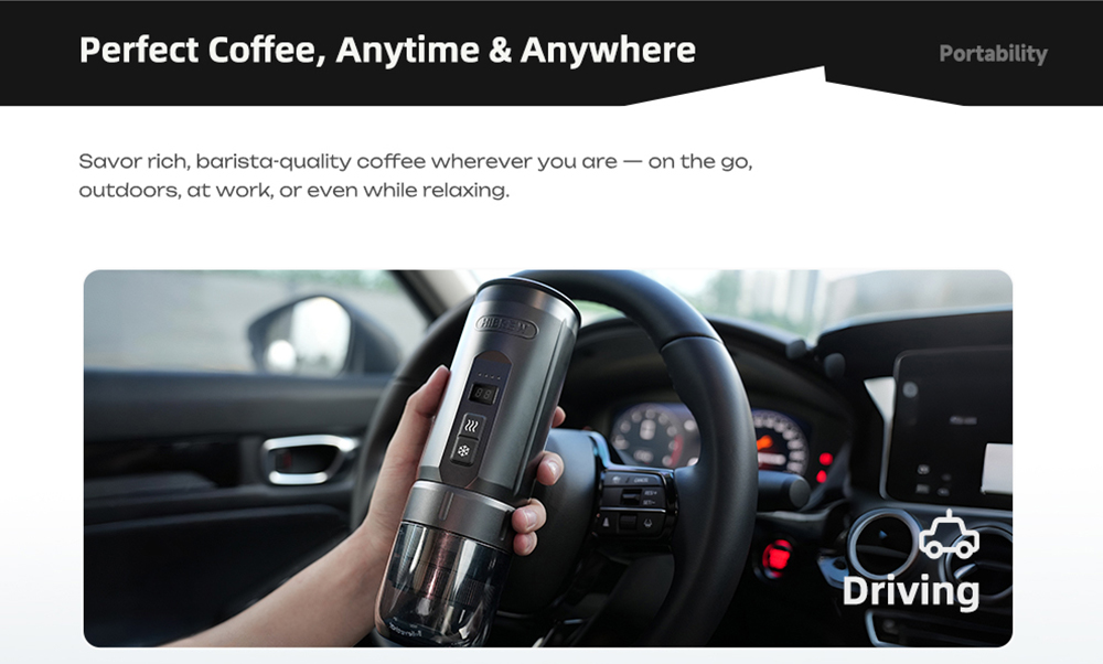 HiBREW H4C Ultra Portable Espresso Maker, bezdrôtový ohrev, 20 barov, 100 ml nádržka na vodu, odnímateľná batéria - čierny