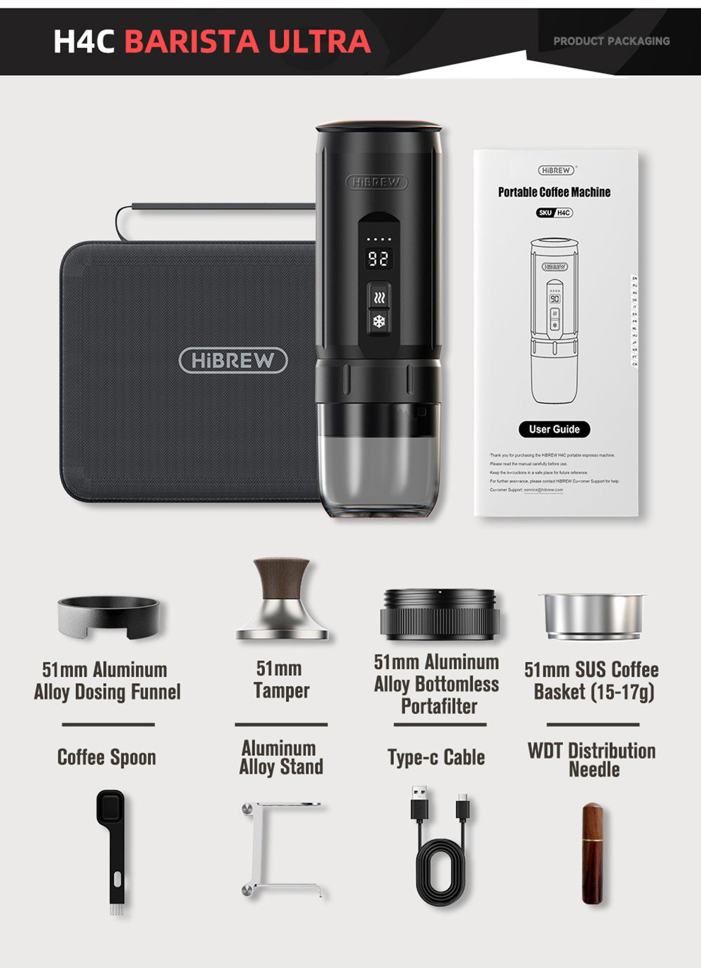 HiBREW H4C Ultra Portable Espresso Maker, bezdrôtový ohrev, 20 barov, 100 ml nádržka na vodu, odnímateľná batéria - čierny