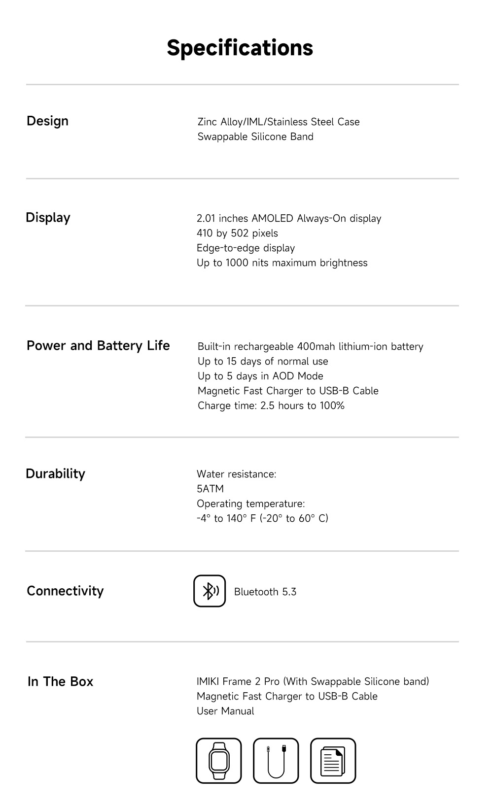 IMIKI Frame 2 Pro okos&oacute;ra, 2,01 h&uuml;velykes AMOLED kijelző, 24 &oacute;r&aacute;s eg&eacute;szs&eacute;gfigyel&eacute;s, alv&aacute;sfigyel&eacute;s, 6 helymeghat&aacute;roz&oacute; rendszer, ak&aacute;r 15 napos akkumul&aacute;tor-&eacute;lettartam, 5 ATM v&iacute;z&aacute;ll&oacute;s&aacute;g - fekete