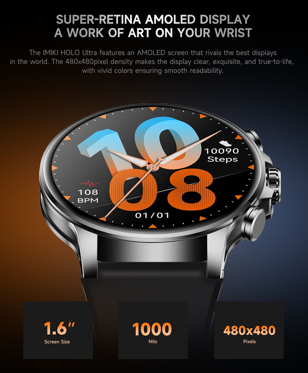 IMIKI Holo Ultra Smartwatch, 1.6 inch AMOLED Screen, 100+ Sports Modes, IP68 Waterproof, Health & Sleep Monitoring, Bluetooth Calling, 100+ Watch Faces - Silver