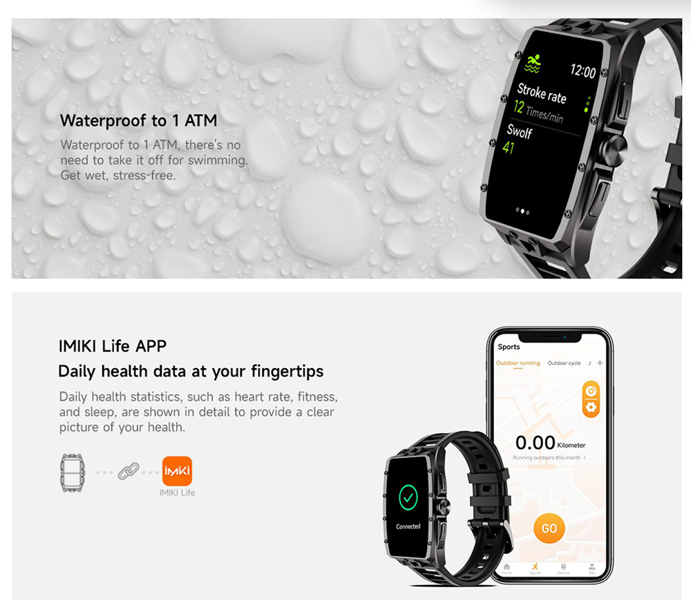 IMIKI MB1 Smartwatch, 1.64 inch AMOLED Screen, Bluetooth Calling, 100+ Sports Modes, 150+ Watch Faces, Health & Sleep Monitoring, 1 ATM Water Resistance - Black