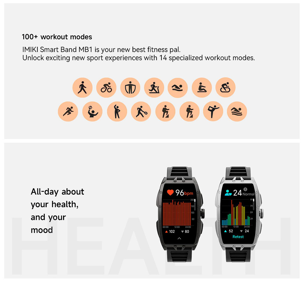 IMIKI MB1 Smartwatch, 1.64 inch AMOLED Screen, Bluetooth Calling, 100+ Sports Modes, 150+ Watch Faces, Health & Sleep Monitoring, 1 ATM Water Resistance - Black