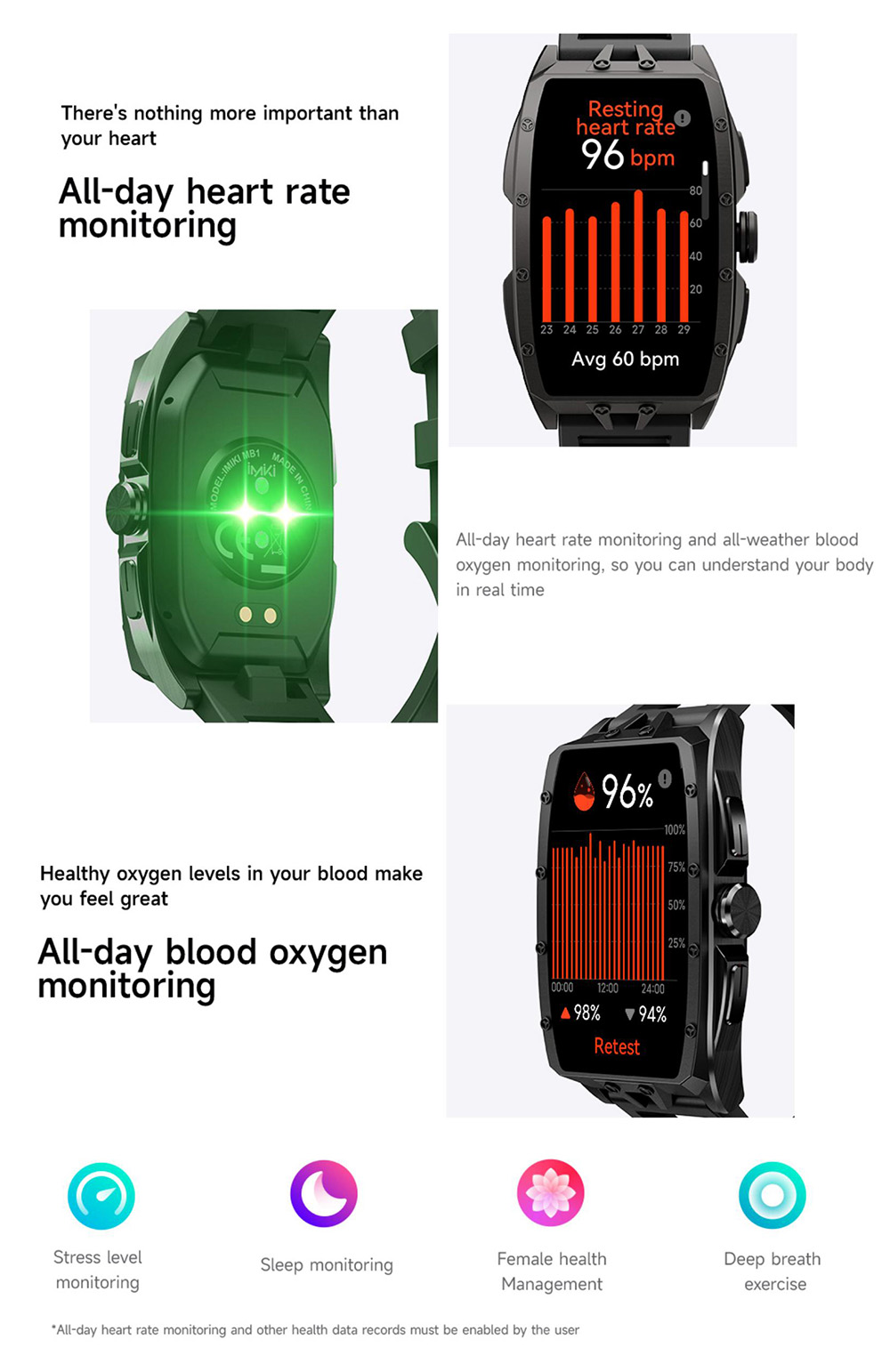 IMIKI MB1 Smartwatch, 1.64 inch AMOLED Screen, Bluetooth Calling, 100+ Sports Modes, 150+ Watch Faces, Health & Sleep Monitoring, 1 ATM Water Resistance - Black