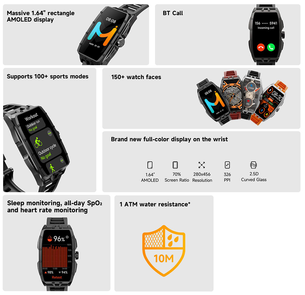 IMIKI MB1 Smartwatch, 1.64 inch AMOLED Screen, Bluetooth Calling, 100+ Sports Modes, 150+ Watch Faces, Health & Sleep Monitoring, 1 ATM Water Resistance - Silver