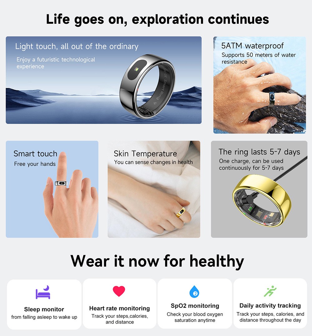 IMIKI Smart Ring, Health & Sleep Monitoring, Smart Touch Control, 5ATM Waterproof, 5-7 Days Battery Life - 10# (Inside Diameter 20mm), Silver