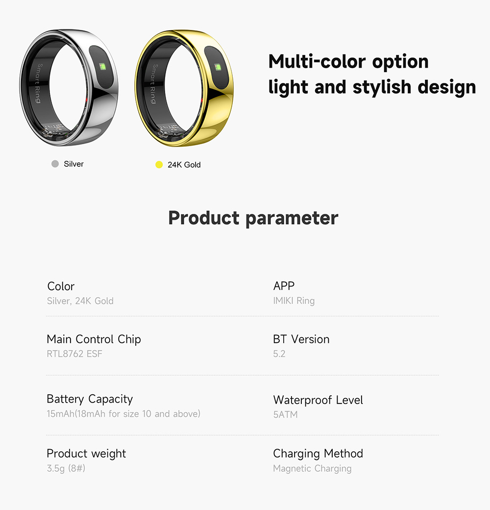 IMIKI Smart Ring, Health & Sleep Monitoring, Smart Touch Control, 5ATM Waterproof, 5-7 Days Battery Life - 11# (Inside Diameter 20.9mm), Golden