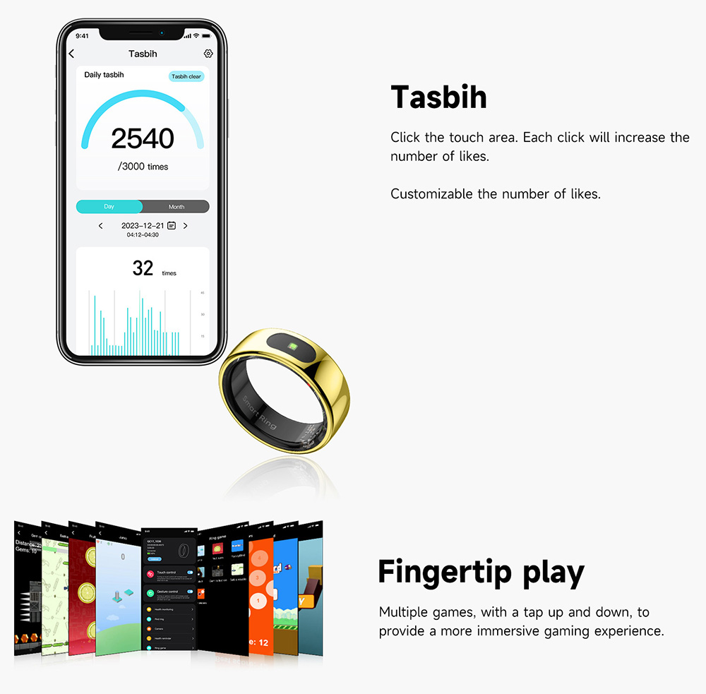 IMIKI Smart Ring, Health & Sleep Monitoring, Smart Touch Control, 5ATM Waterproof, 5-7 Days Battery Life - 11# (Inside Diameter 20.9mm), Golden