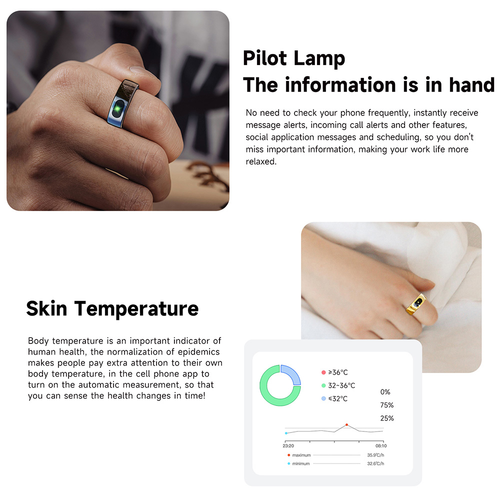 IMIKI Smart Ring, Health & Sleep Monitoring, Smart Touch Control, 5ATM Waterproof, 5-7 Days Battery Life - 8# (Inside Diameter 18.3mm), Golden