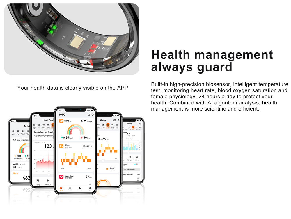 IMIKI Smart Ring, Health & Sleep Monitoring, Smart Touch Control, 5ATM Waterproof, 5-7 Days Battery Life - 8# (Inside Diameter 18.3mm), Golden